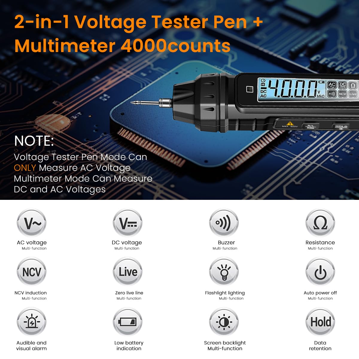 Serplex Digital Multimeter Non Contact Voltage Tester Multi Meter Digital 4000 Count AC/DC Voltage Tester, Current Meter, Non-Contact Voltmeter Sensor, Live Wire Detection, Resistance