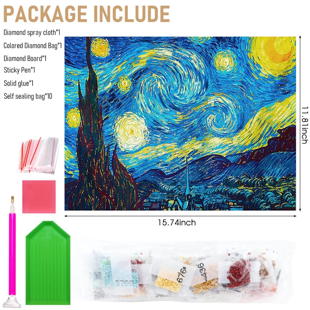 HASTHIP Diamond Painting Kit, 5D Diamond Painting Kit, The Starry Night by Master Van Gogh, Rhinestone Extremely Shiny Diamond Painting Art, Abstract Style Room Decoration (30cm x 40cm)