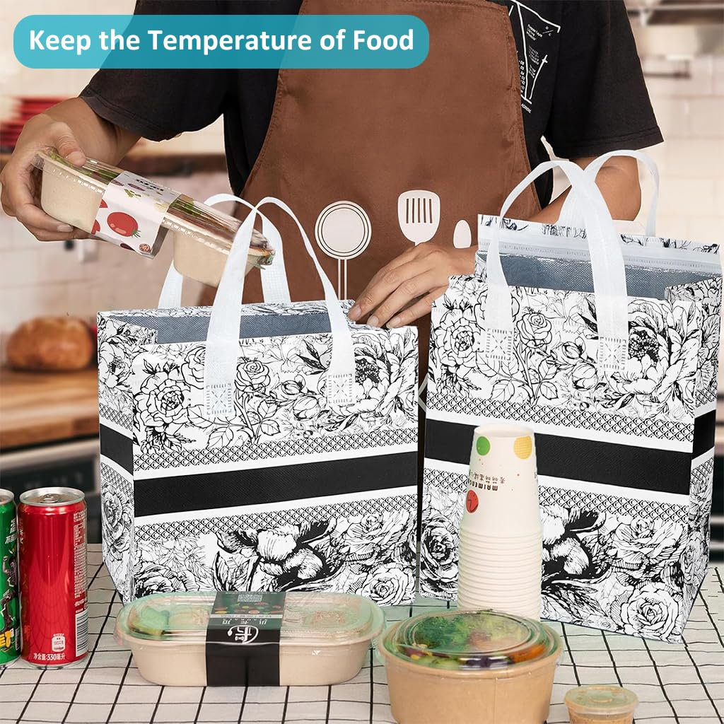 Serplex 10Pcs Takeaway Packing Bag with Handle Thermal Waterproof Lining Reuseable Food Bags with Sticky Strip Sealing Closure Food Packing Bags for Camping, Picnic, Daily, 24x24x15cm