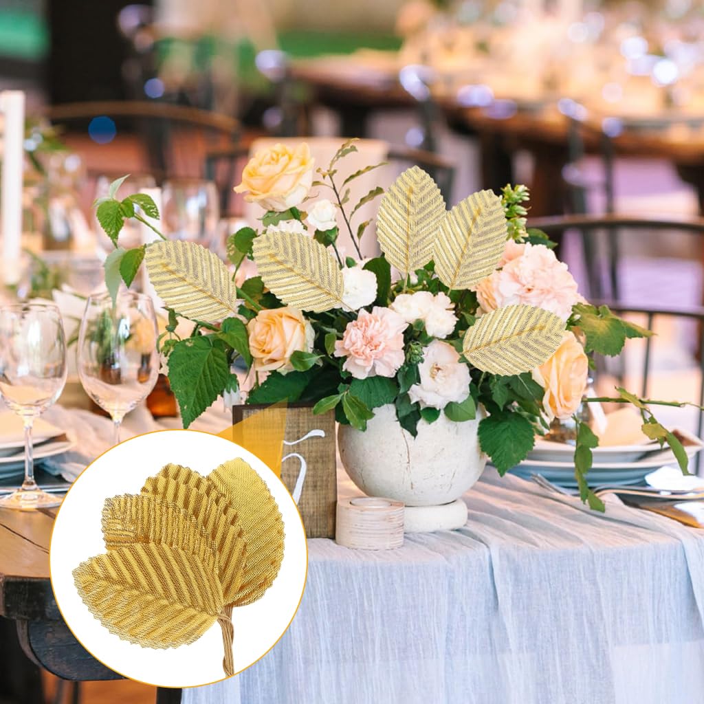 HASTHIP 200Pcs Golden Leaves for Decoration 1.96 inches Fabric Golden Leaves with Flexible Stem, Embossed Golden Leaves Craft Decorative Golden Leaves for DIY Handcrafts, Scrapbooking, Album Decor