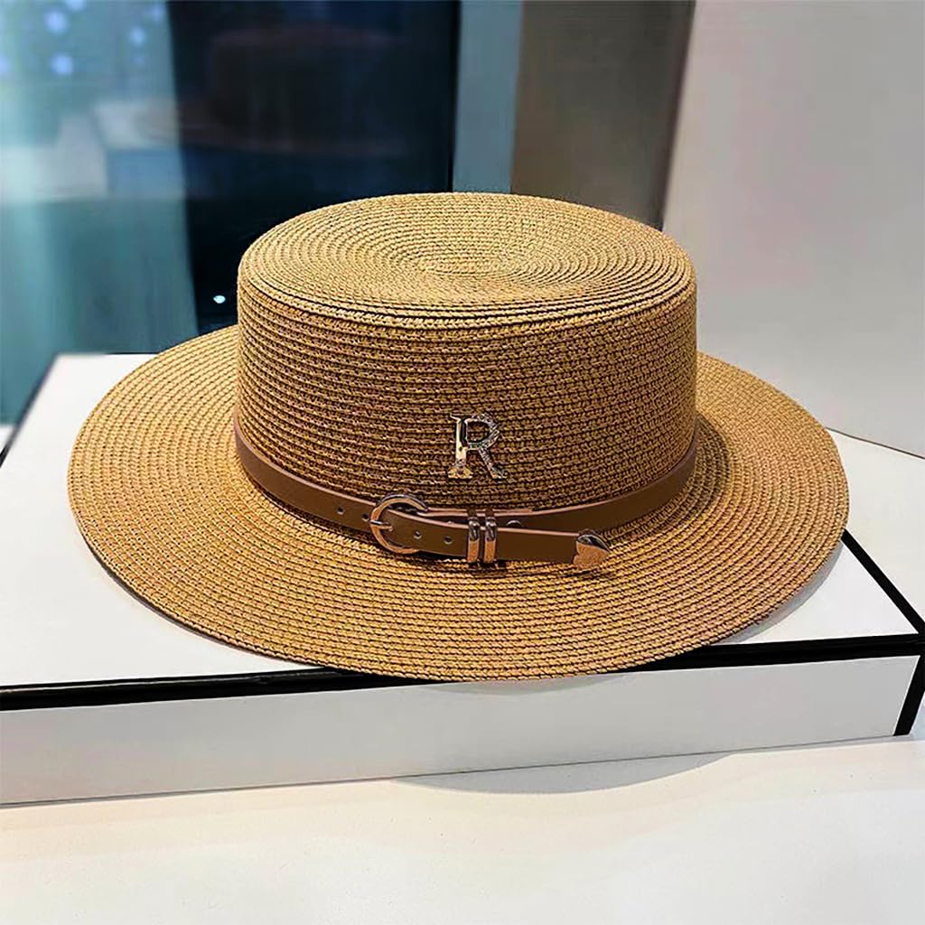 PALAY Straw Hat Bucket Hat for Women Flat Top Sun Hat Wide Brim Beach Hat for Women Ladies Foldable Summer Outdoor UV Protection Cap - Khaki