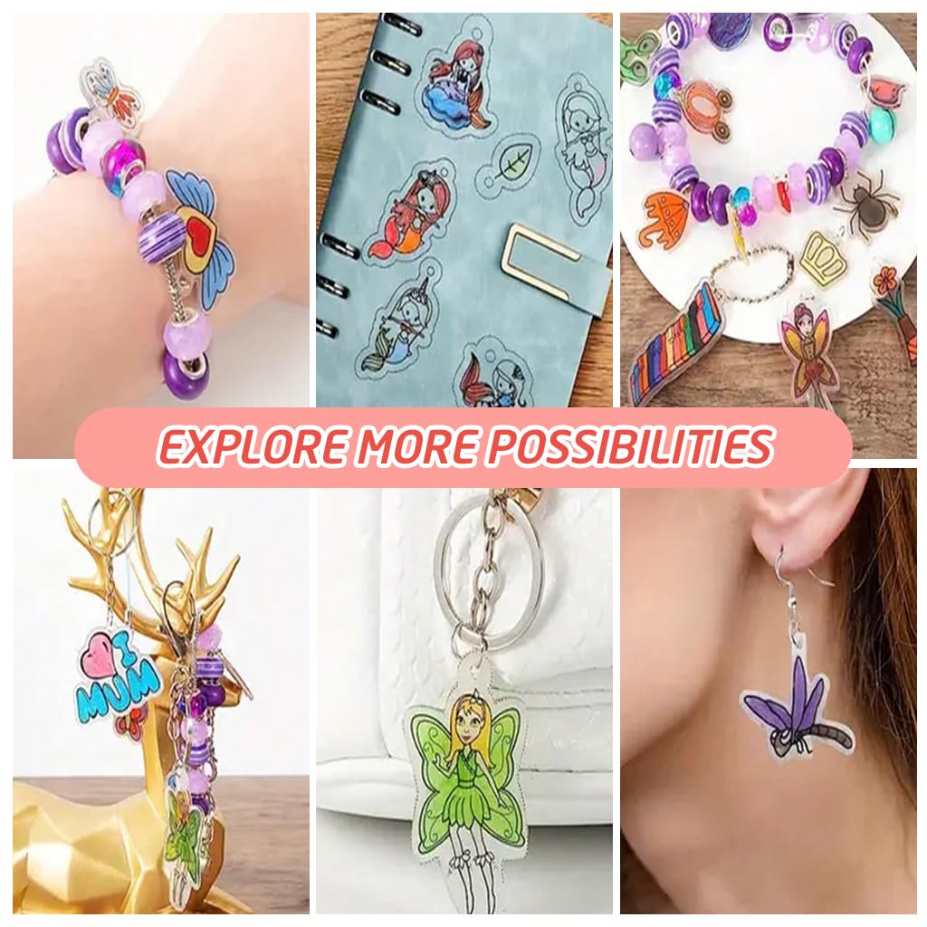 PATPAT 145Pieces Shrink Plastic Sheet Kit with Multi Shrinky Art Paper & 100 Pcs Metal Hooks and Keyrings Kit DIY Cartoon Keychain Bag Charms Accessories DIY Heat Shrink Craft Kit for Kids and Adults
