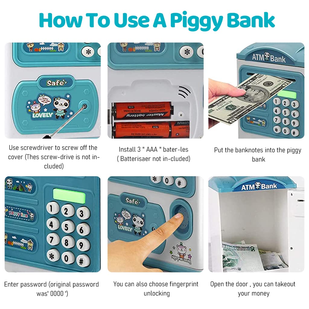 PATPAT Electronic ATM Piggy Bank for Kids, Money Bank with Password and Fingerprint Lock, Automatic Paper Money Saving Box with Music, Gift Toy for Kids Boys Girls Children's Day Gift, Blue