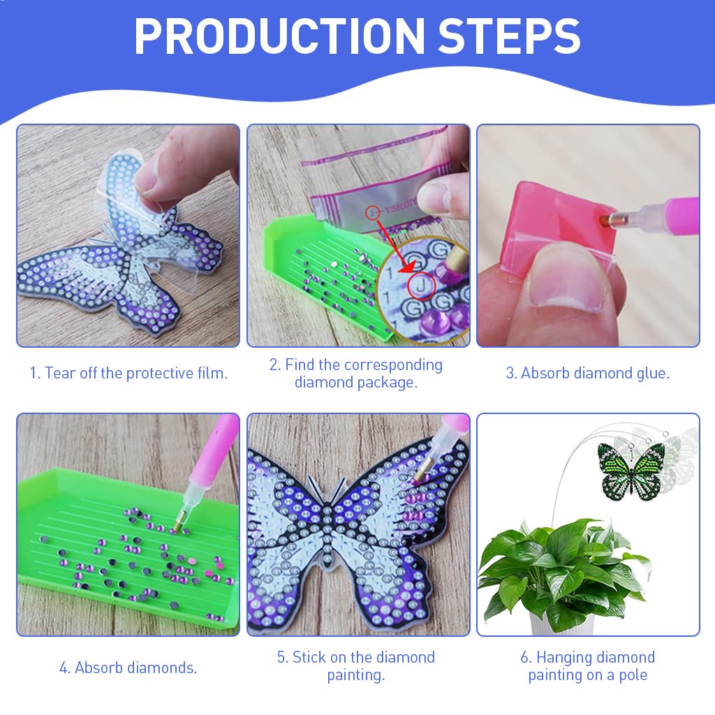 PATPAT 8 Pcs DIY Diamond Painting Butterfly Kit Swaying in The Wind Diamond Butterfly Decoration for Home Decoration Garden Decoration Diamond Butterfly for Flower Pots, Green Pots