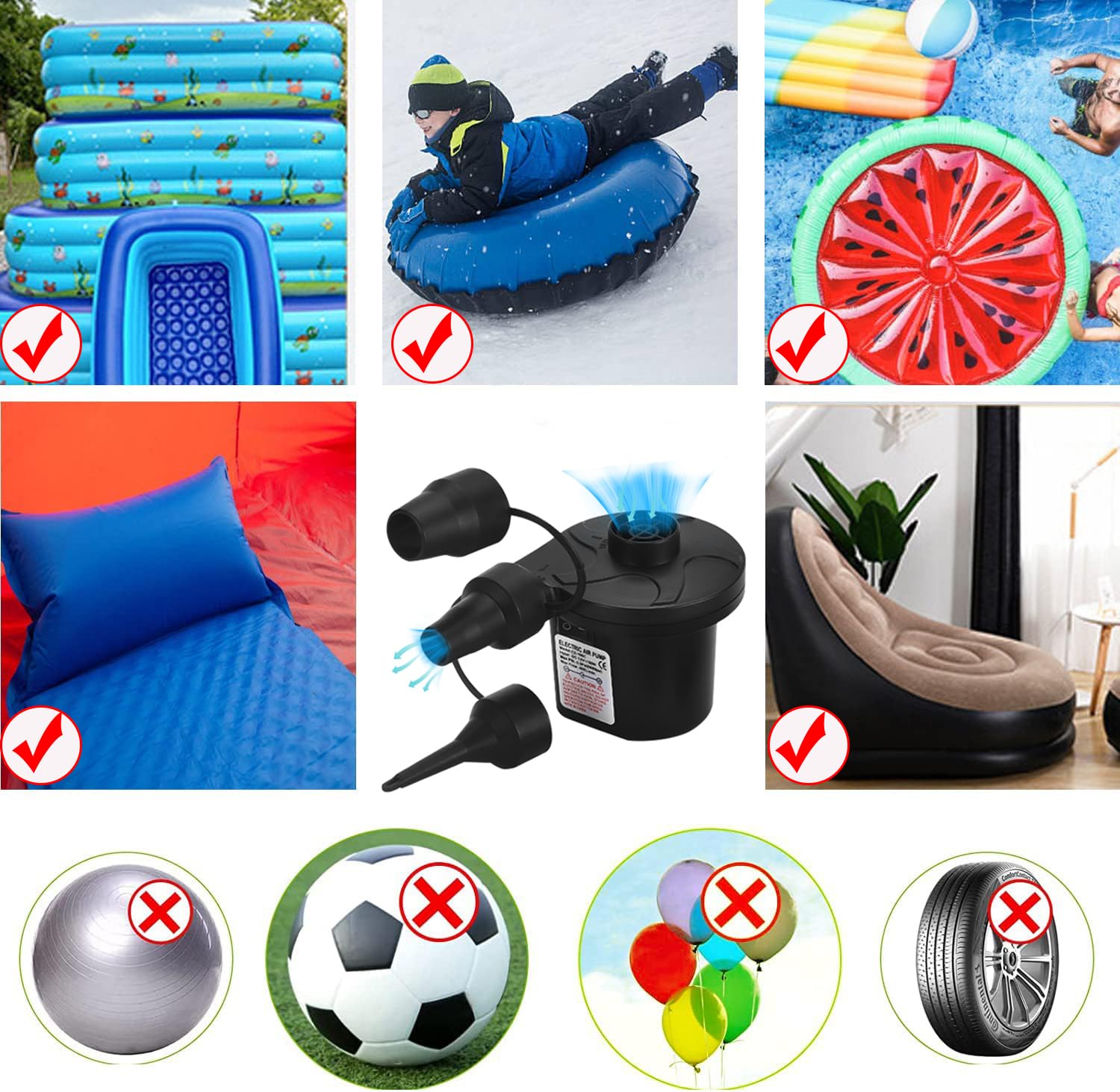 Serplex Electric Air Pump for Car and Home, 220V AC/12V DC Electric Pump with 3 Nozzles, 2 in 1 Air Inflator for Car, Home, Swimming Pool Pump for Inflatable Cushion, Air Mattress Bed, Boat