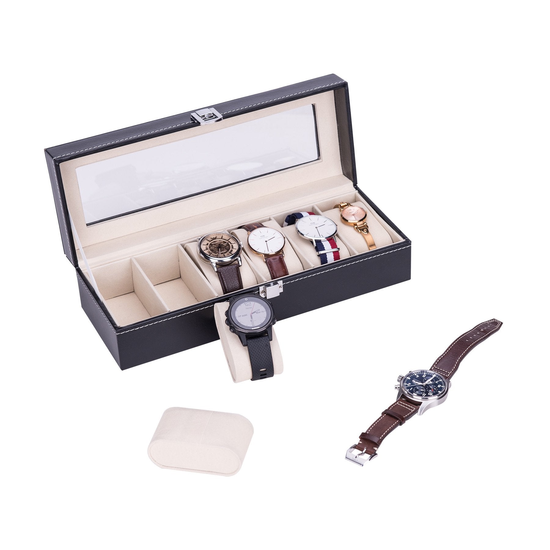 HASTHIP Watch Box 6 Slots, Leather Watch Storage Box with Lock & Transparent Window, Watch Case Black Watch Box - Pu Material Waterproof (No Watch)
