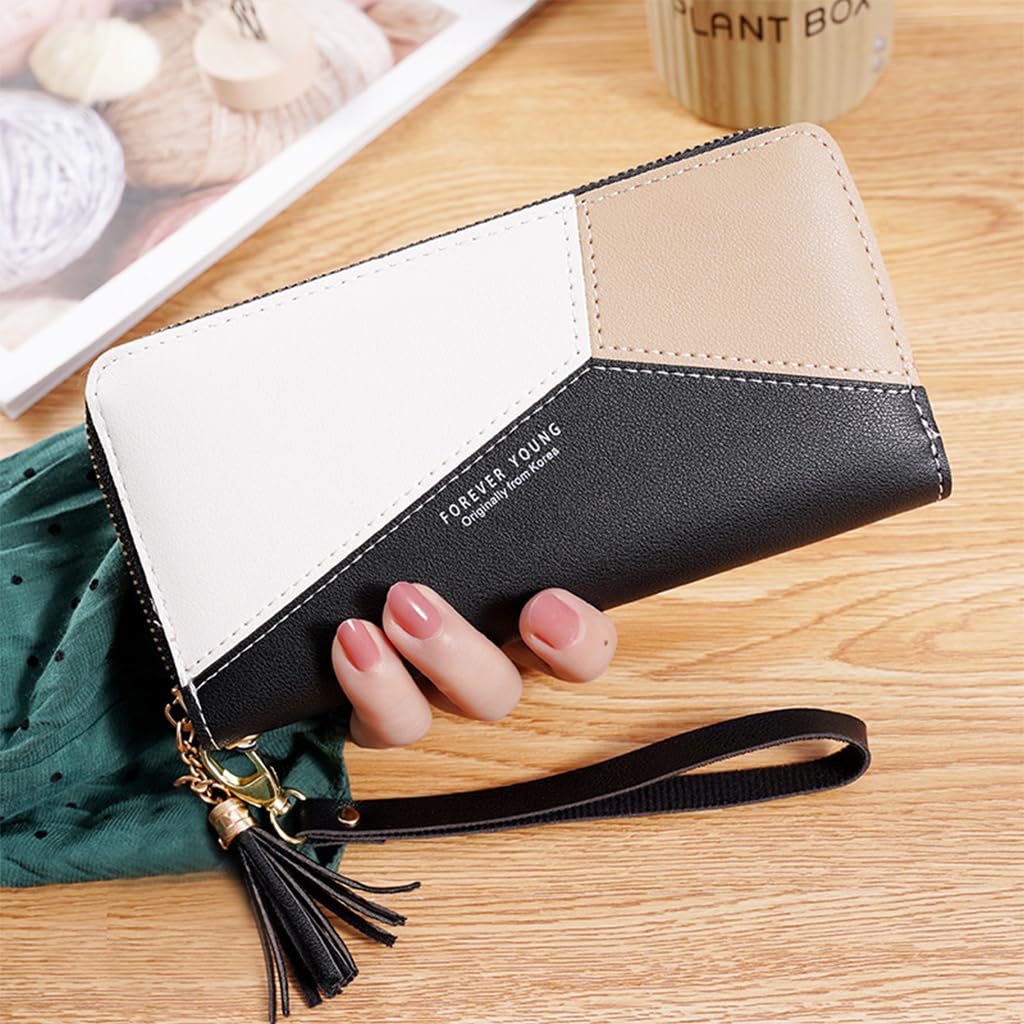 SANNIDHI Women's Long Wallet Tassel PU Leather Multi- Slots Girls Zipper Coin Large Purse Wallet for Women (Black)