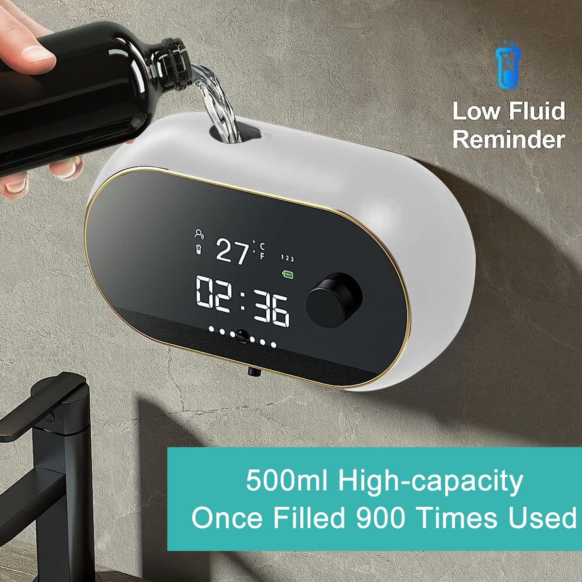 HASTHIP Automatic Soap Dispenser for Bathroom, Electric Foaming Handwash Dispenser, 500ml Wall Mounted Touchless Shampoo Hand Wash Dispenser with 3 Adjustable Bubble Levels with Bracket (White)