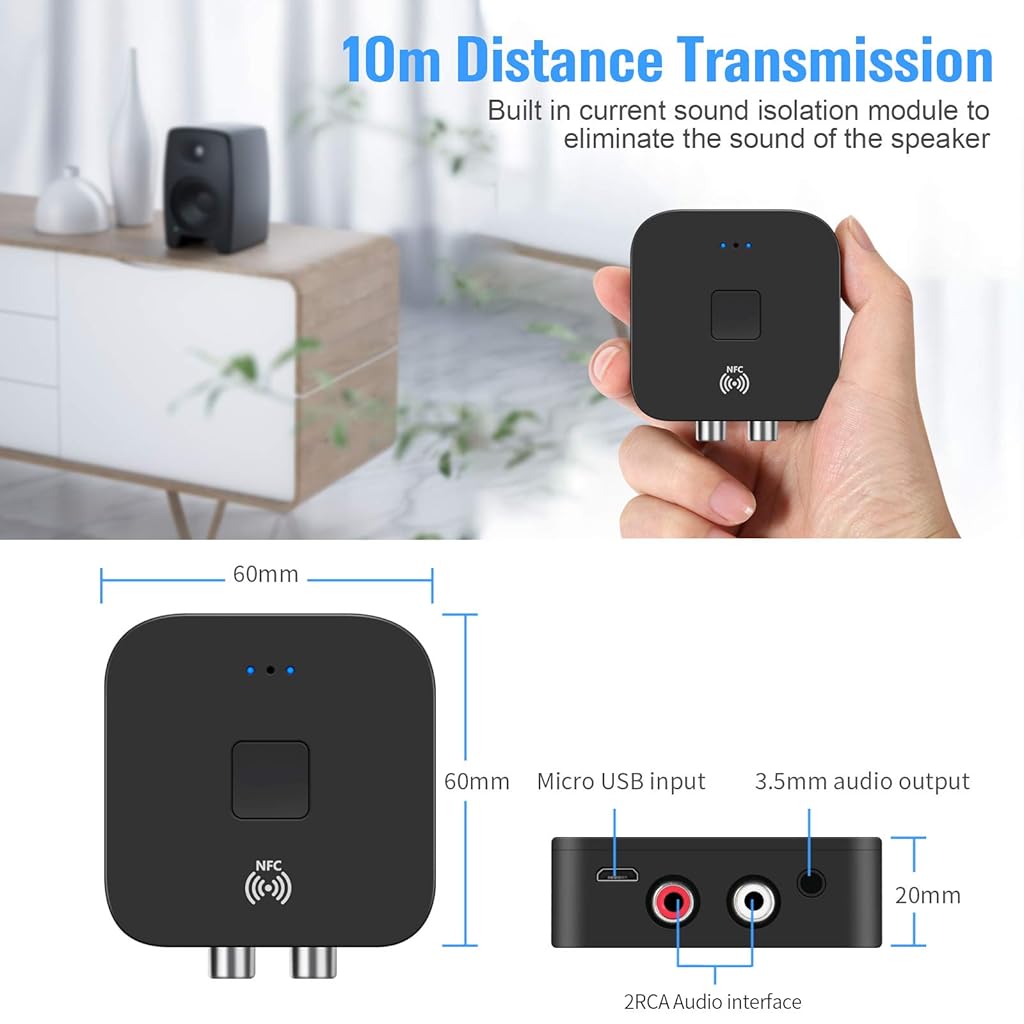 Verilux® Bluetooth 5.0 Audio Receiver with NFC Wireless Function 3.5mm AUX/RCA Input, Bluetooth Connector Streaming Music from Phone/Tablet/PC to Home Theatre Car Stereo Music System for Speaker