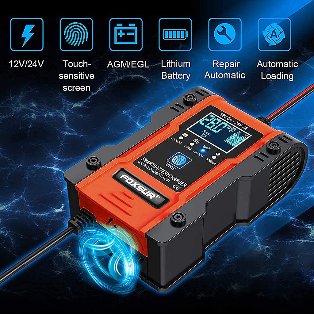 STHIRA Car Battery Charger, 12V-24V Intelligent Automatic Charger, 7-Segment Charging 12v Battery Charger, Repair, Test, suitable for Automotive, Motorcycles