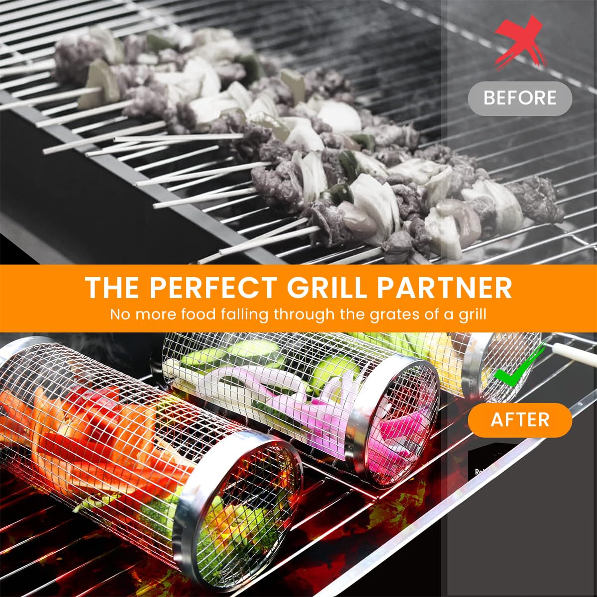 Proberos Grill Basket BBQ Grill Basket Kit 304 Stainless Steel Grilling Basket 11.8 Inches Grilling Tube with Barbecue Fork and Lifting Hook Grill Basket