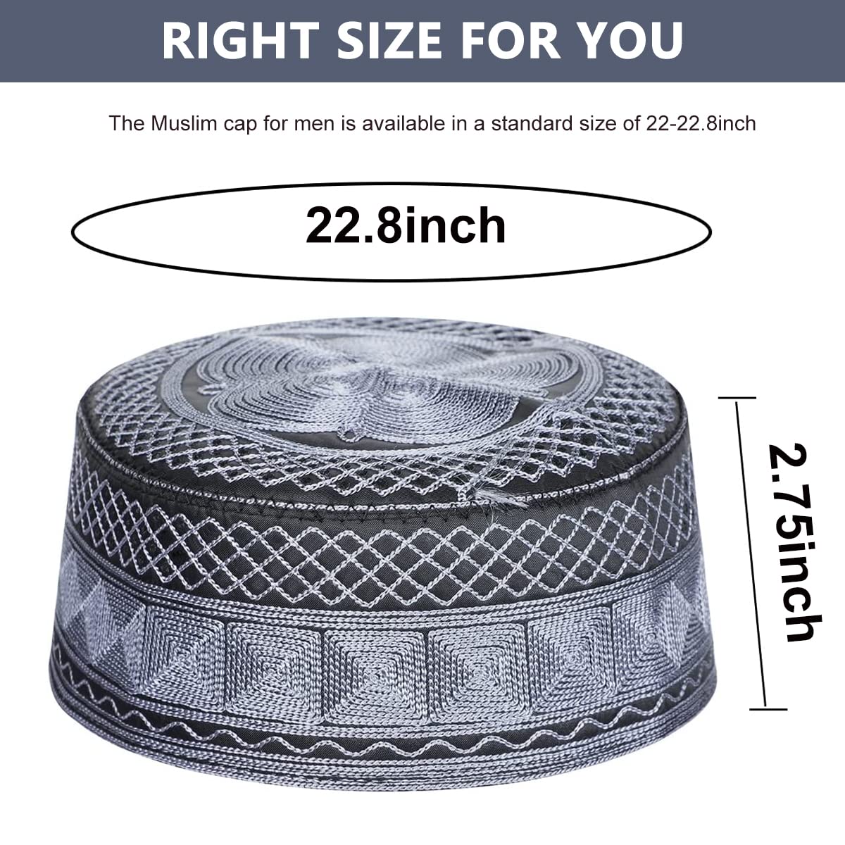 GUSTAVE Muslim Cap for Men Islamic Prayer Skull Cap Muslim Eid Prayer Embroidered Kufi Fat Ramadan Mosque Arab Indian Prayer Cap Grey