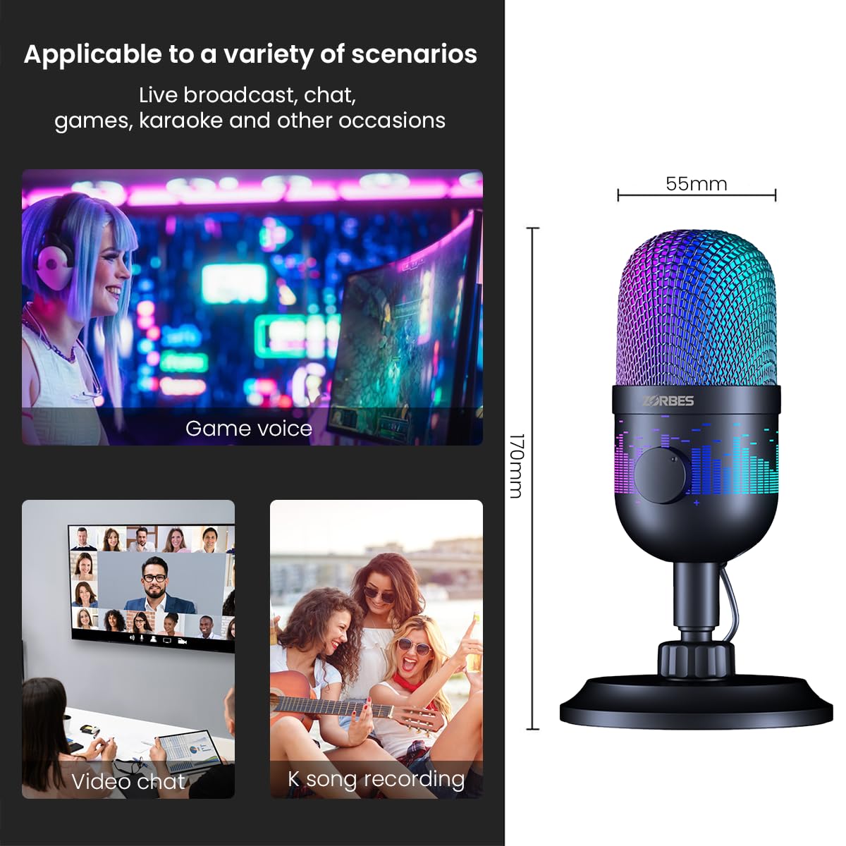 ZORBES USB Microphone Plug and Play Gaming Mic for PC, Mac, PS4/5, Podcast Microphone with RGB, Mute, Monitor, Built-in Smart Noise Reduction, Volume Gain, Great for Recording, Gaming