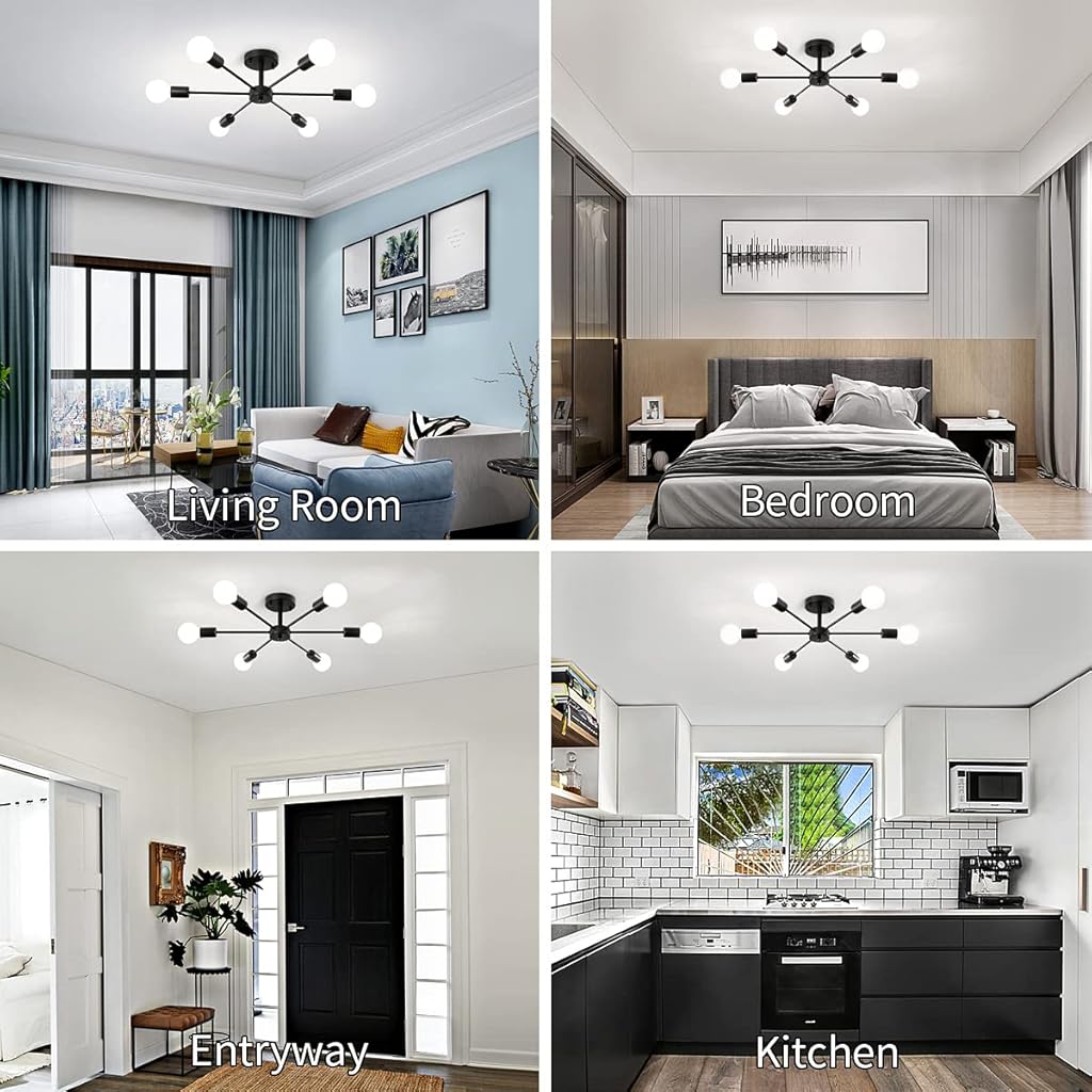 ELEPHANTBOAT Modern Metal Chandelier Light Fixture, 6-Light Modern Flush Mount Ceiling Light for Living Room, Iron Cast Ceiling Light for Bedroom, Dining Room, Office, E27 Light Bubble Not Included