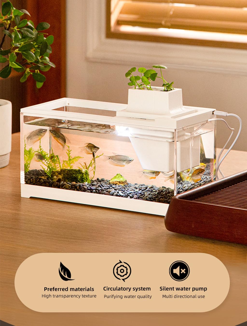 Qpets Mini Desktop Fish Tank with LED, Household Aquarium Betta Fish Tank Open Top Desktop Fish Tank, Small Mute Filter Fish Breeding Box with Air Pump - 30X13X15CM