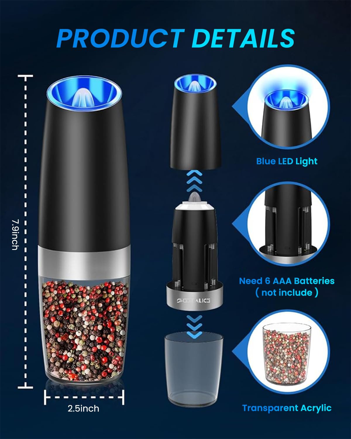 Supvox Gravity-Operated Electric Black Pepper/Salt Mill with Ceramic Core & LED Light, Adjustable Coarse Setting, Stainless Steel, Ideal for Kitchen & Dining, Battery-Operated (Not Included) - Black