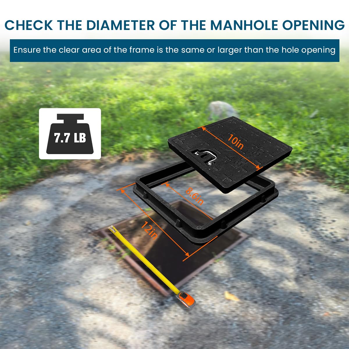 HASTHIP Square Manhole Cover - Lightweight Resin Manhole Cover with Folding Metal Handle, 11.8''x11.8''x1.37'' Square Inspection Chamber Cover for Urban Utility Access