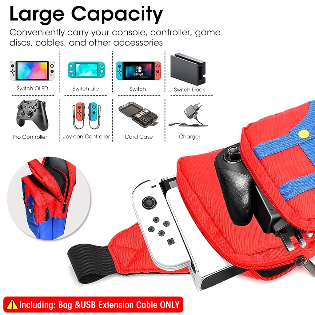 ZORBES Travel Bag for Switch/Lite/OLED/Steam Deck, Cute Mario Bag Carrying Bag for Swith Game Console, Waterproof Double Layer Crossbody Shoulder Storage Backpack for Switch Console, Game Controllers, Cables