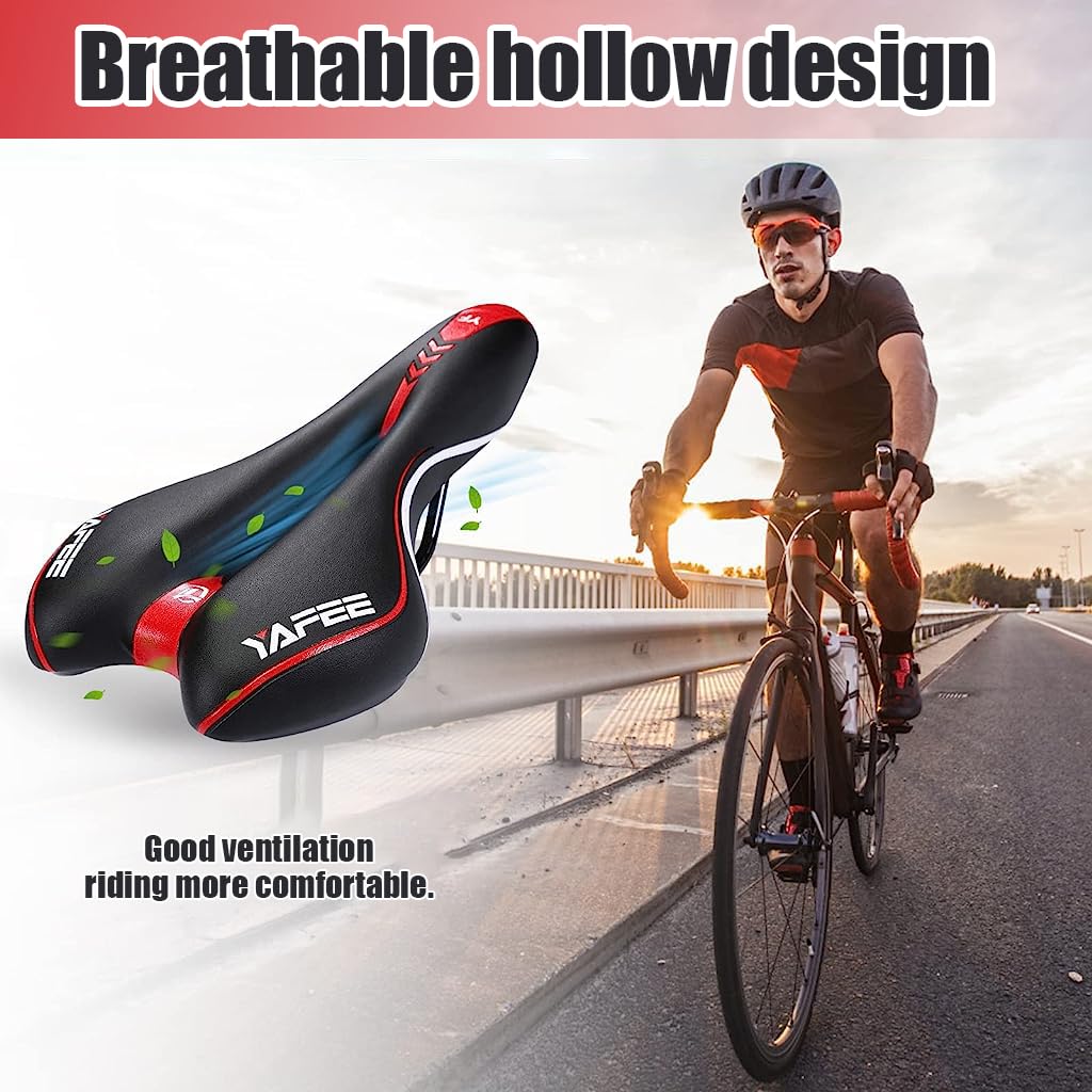 Optifit Cycle Seat with Red Reflective Safety Strip, Universal Memory Foam Bicycle Seat Waterproof Breathable Shock Absorbing Bike Saddle for Bike Mountain Bike