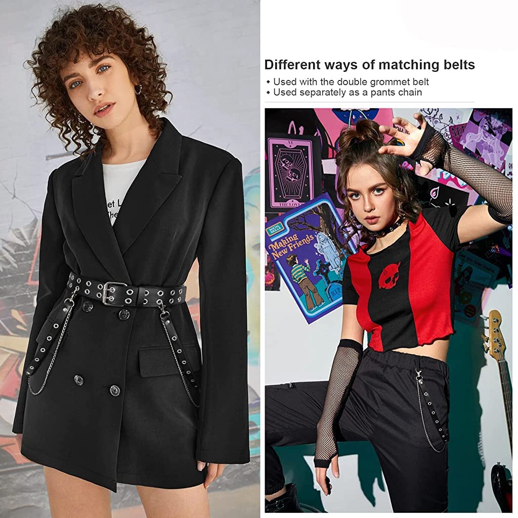 PALAY PU Leather Punk Belt with Chain Double Grommet Belt for Women Black Waist Belt with Metal Chain Double Prong Belt for Jeans Pants