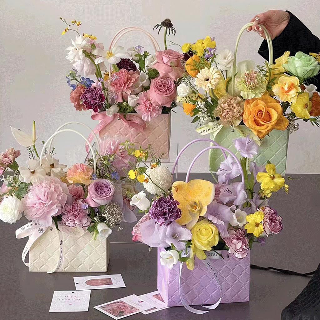 HASTHIP 6pcs Gift Packing Basket Paper Flower Basket with Handles Luxury 3D Embossing Flower Basket Flower Arrangement Basket Home Decoration Wedding Flower Basket(Not Included Flowers)