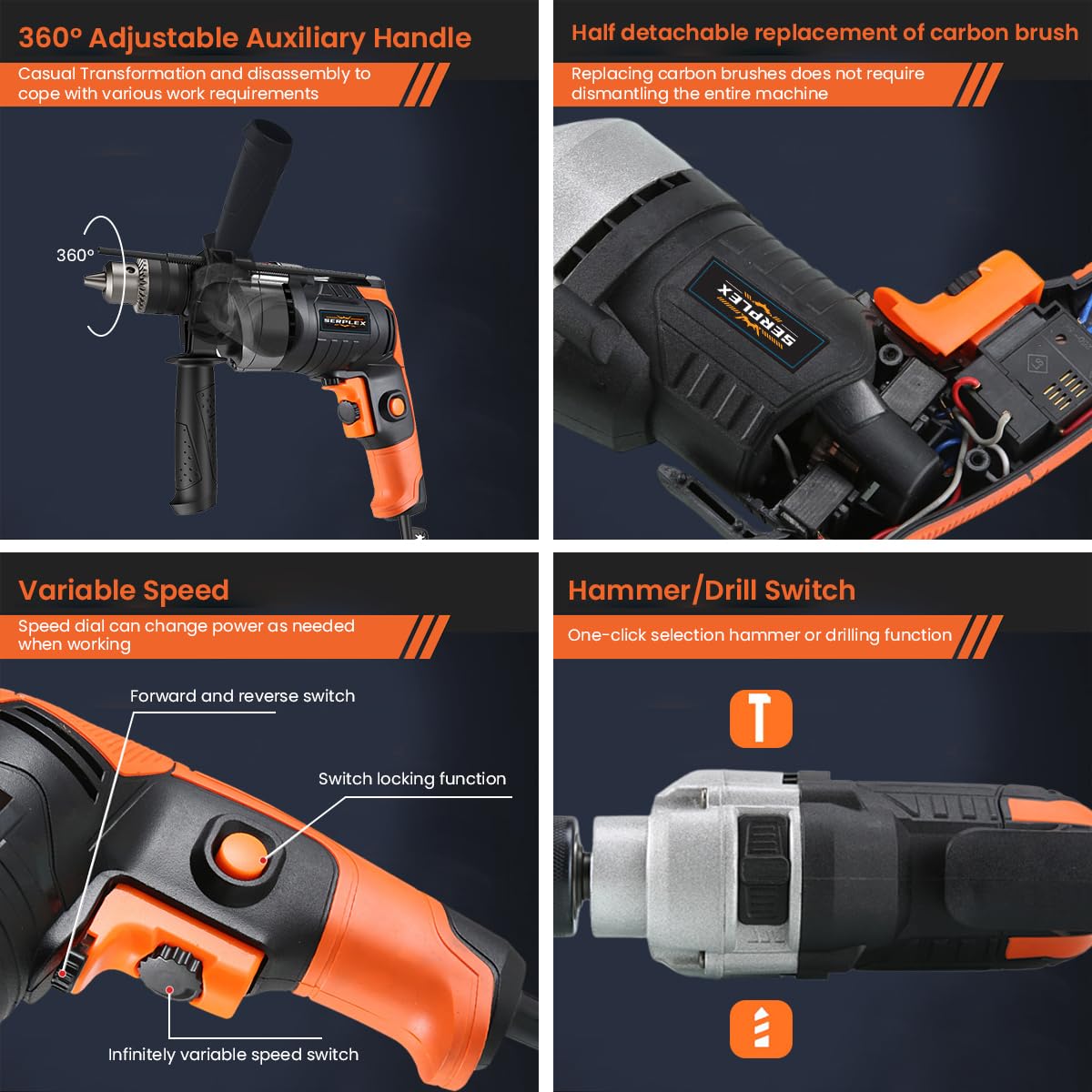 Serplex Drill Machine for Home Use 780W 30000 RPM 13 mm Variable Speed, Forward/Reverse Rotation Hammer Drill Machine, Aluminum Heat Dissipation Shell, Wire Length 2 M, for Home Improvement Projects