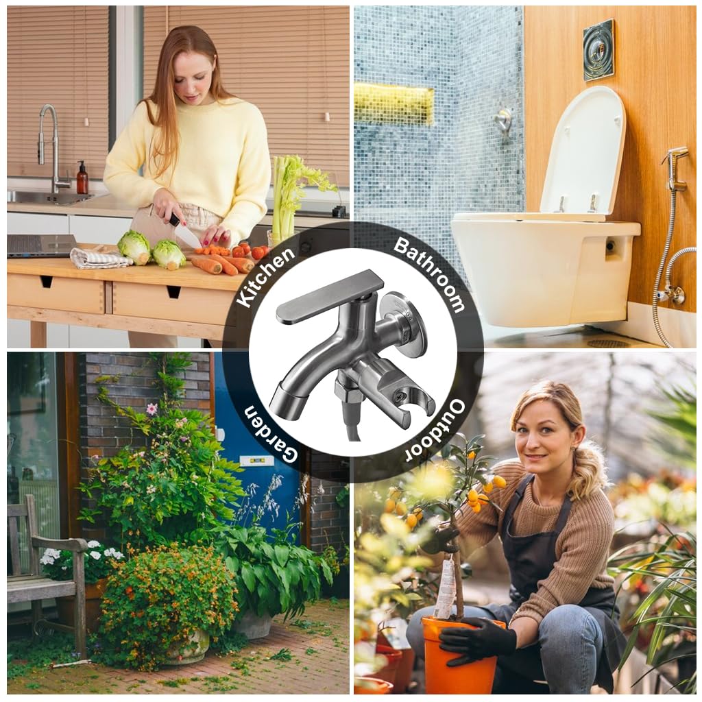 HASTHIP Dual Outlet Washing Machine Tap and Gardening Faucet with Sprayer Holder, Stainless Steel Faucet Quarter Turn Bibcock Water tap for Gardening Water System Laundry Machine Faucet