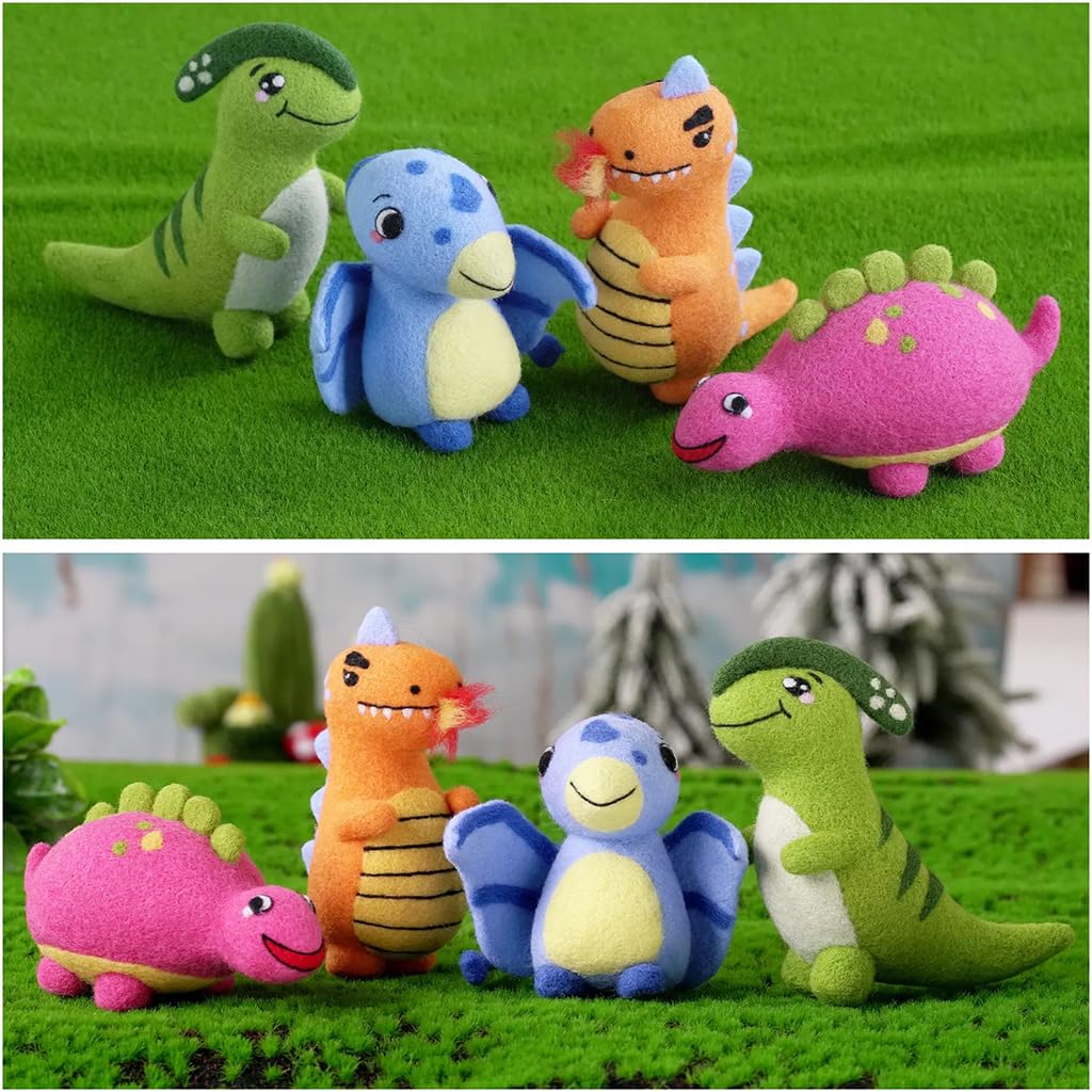 PATPAT DIY Needle Felting Kit 4Pcs Cartoon Dinosaur Needle Felting Kit Color Wool Needle Felting Kit with Tools DIY Crafting Kit for Kids Adults DIY Children's Day Gift