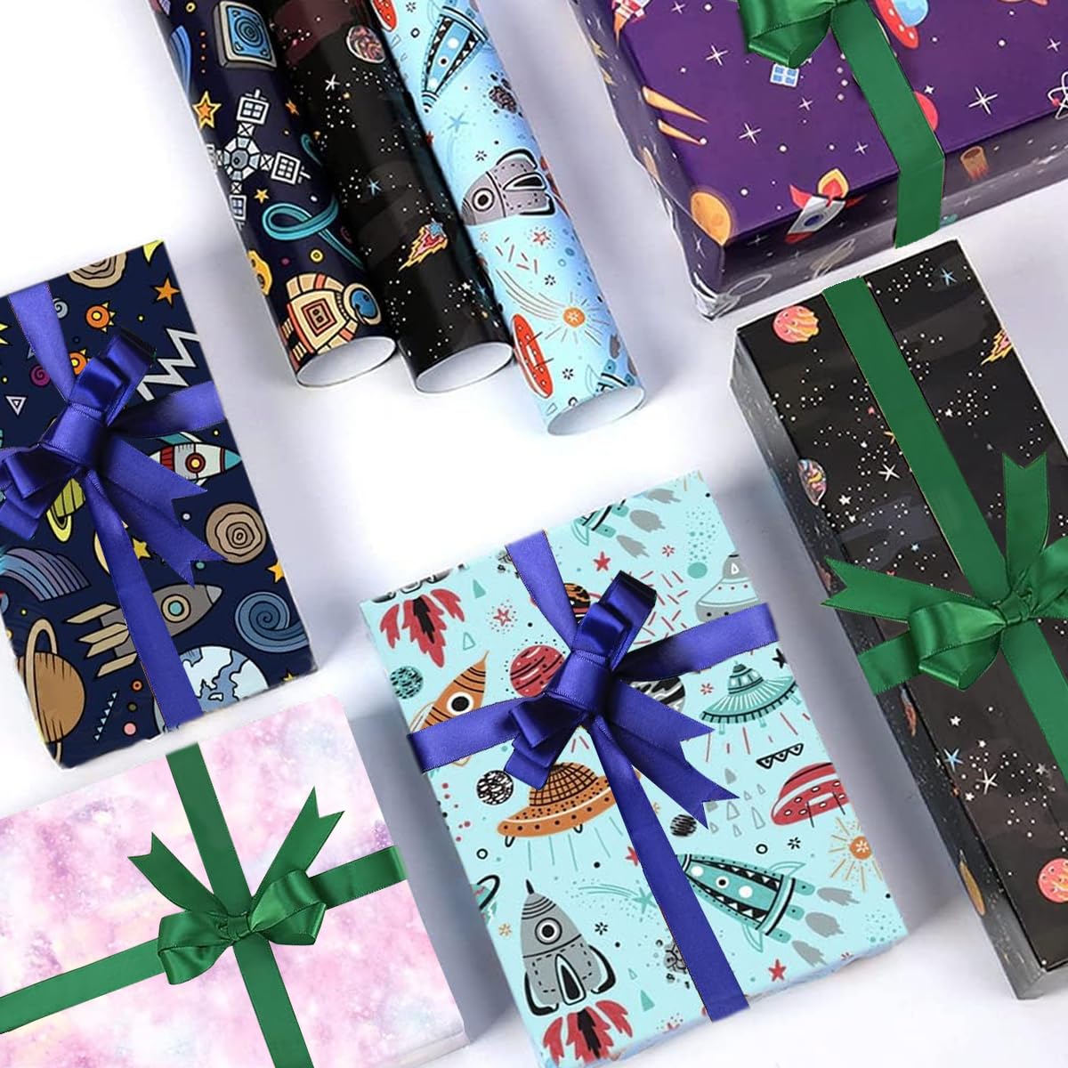 HASTHIP 6 Sheets Birthday Wrapping Paper for Kids Girls Boys Women Men, Outer Space Design Wrapping Paper, Gift Wrapping Paper Set for Birthday Party Holiday DIY Crafts Supplies, 27.6 x 19.7 Inch