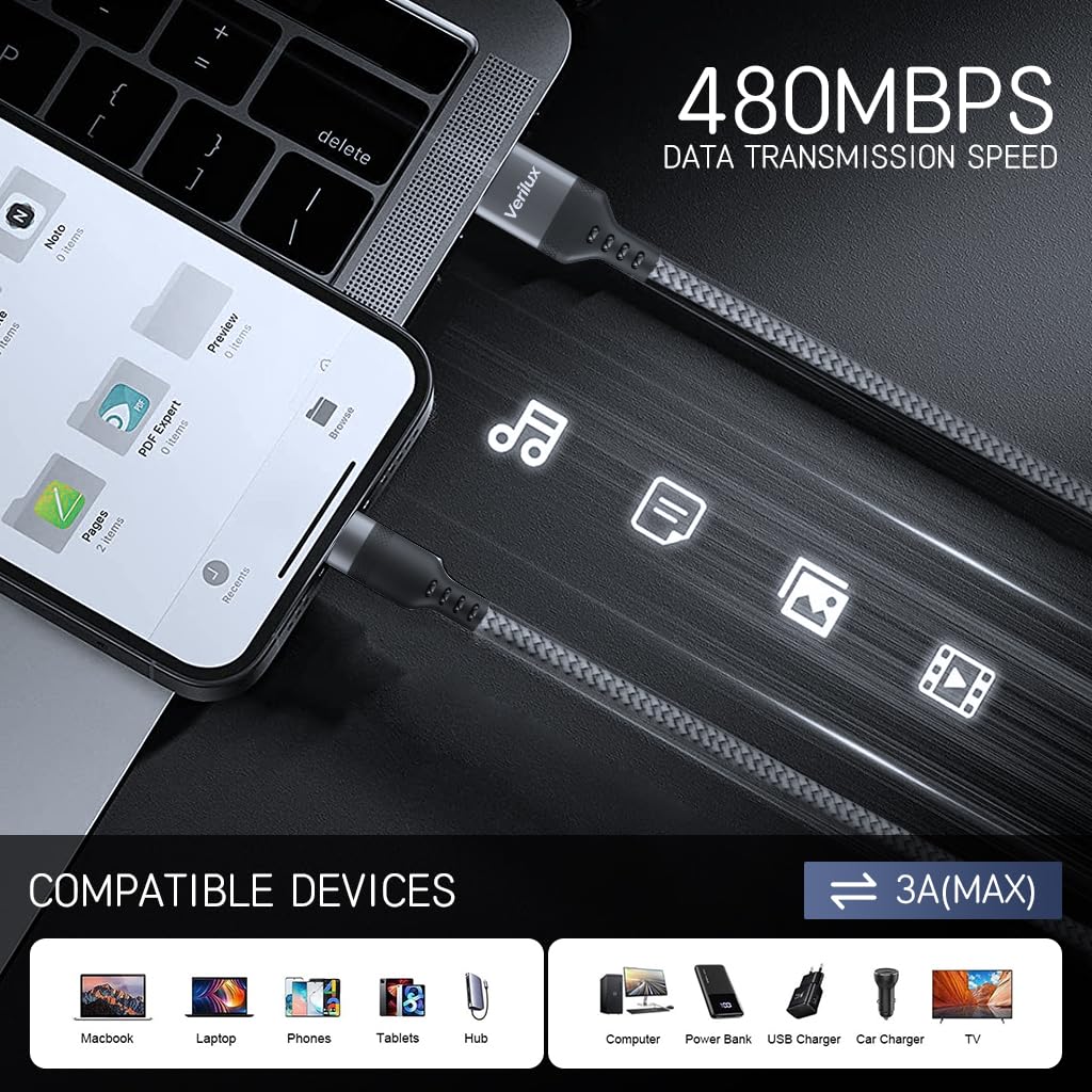 Verilux Light-ning Charging Cable 62W 3.1A Fast Charging Cable 10ft Long Light-ning Charging Cable Data Cable Support 480Mbps Data Transmission Compatible with Phone, Tablet, PS5