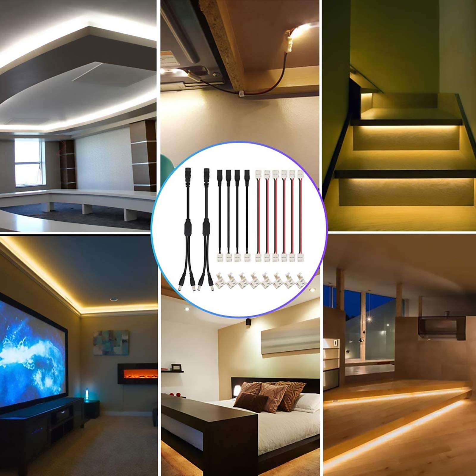 ZORBES LED Strip Connector,2 Pin 8mm LED Connector Kit Include Seamless Connector,6Jumper Connector,DC Female & Male Connector,DC Jack Splitter for 3528 and 5050 LED Strip