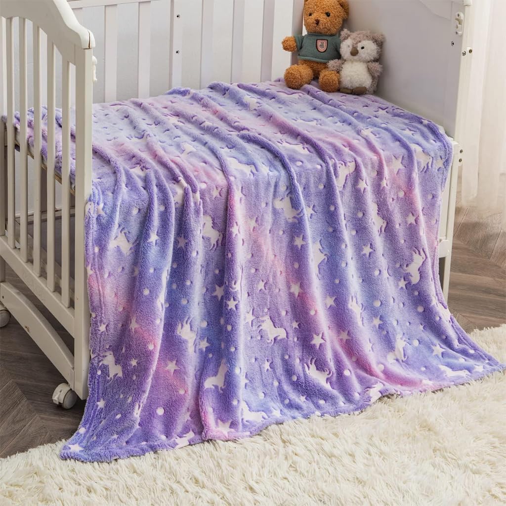 ZIBUYU Winter Blanket for Kids Girls Flannel Blanket Warm Soft Night Glow in Dark Furry Safe Luminous Unicorn AC Blanket for Boys & Girls (70 x 60 inch) - Purple