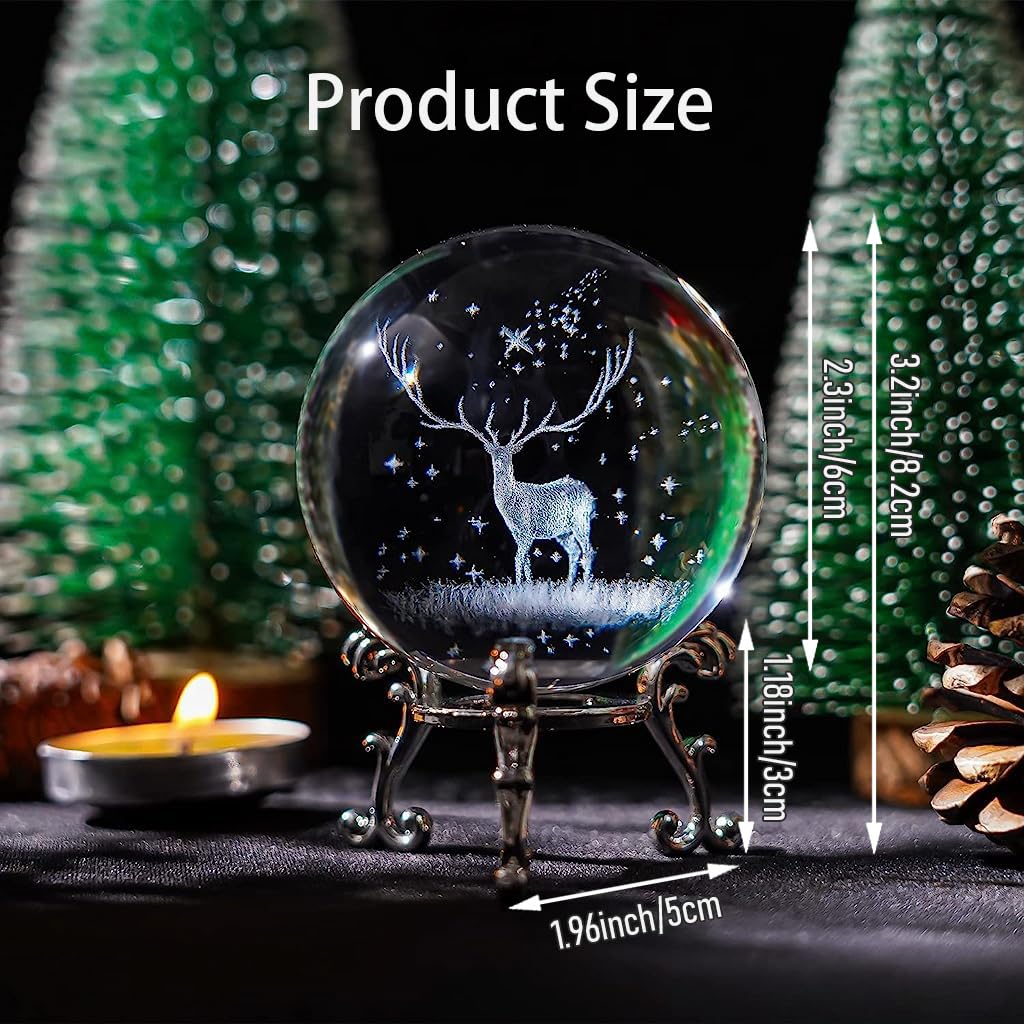 HASTHIP 6cm 3D Inner Christmas Deer Crystal Ball, Glass Sphere Laser Engraved Ball with Sliver-Plated Flowering Stand, Christmas Home Decor Desk Ornament Birthday Gift Festival Gift