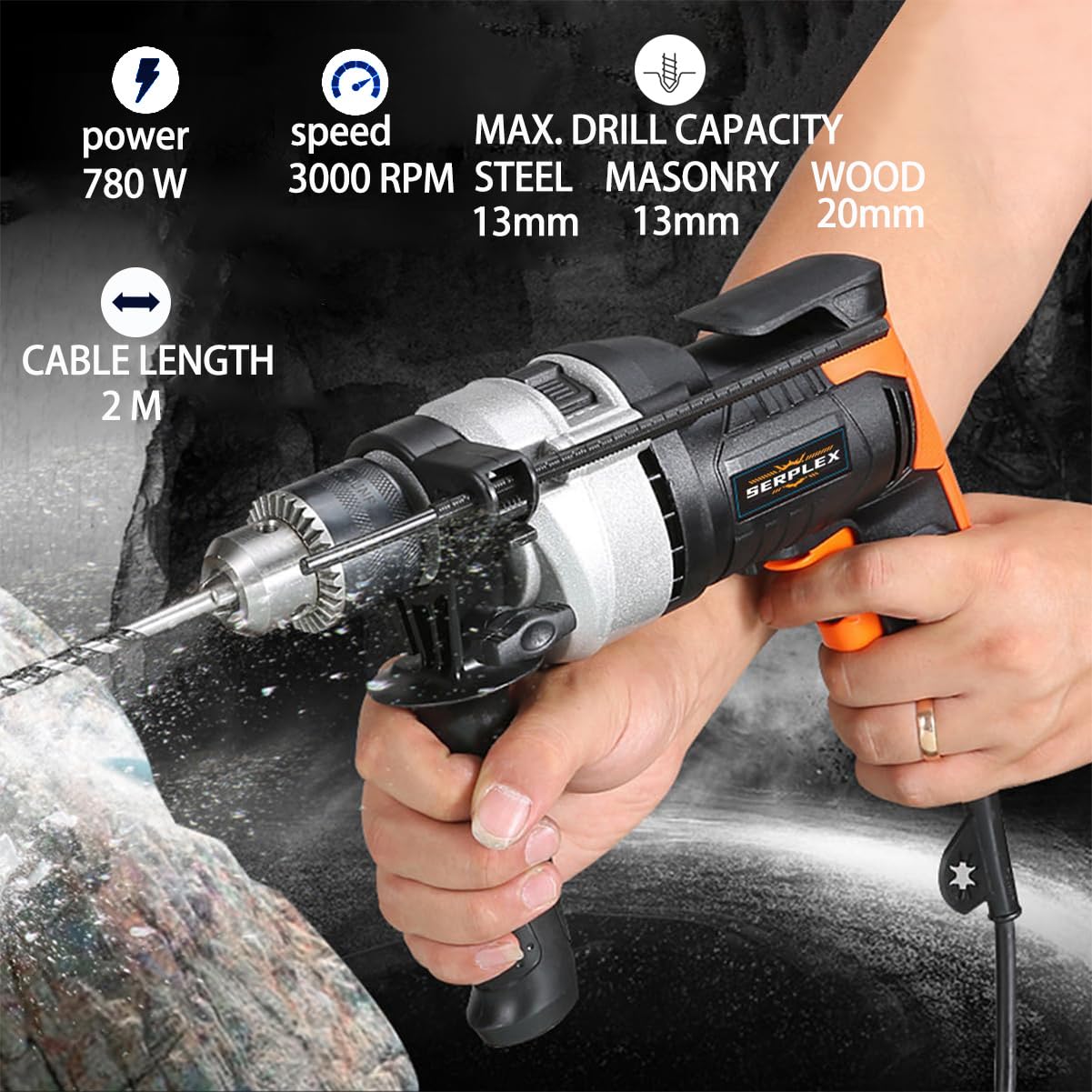 Serplex Drill Machine for Home Use 780W 30000 RPM 13 mm Variable Speed, Forward/Reverse Rotation Hammer Drill Machine, Aluminum Heat Dissipation Shell, Wire Length 2 M, for Home Improvement Projects