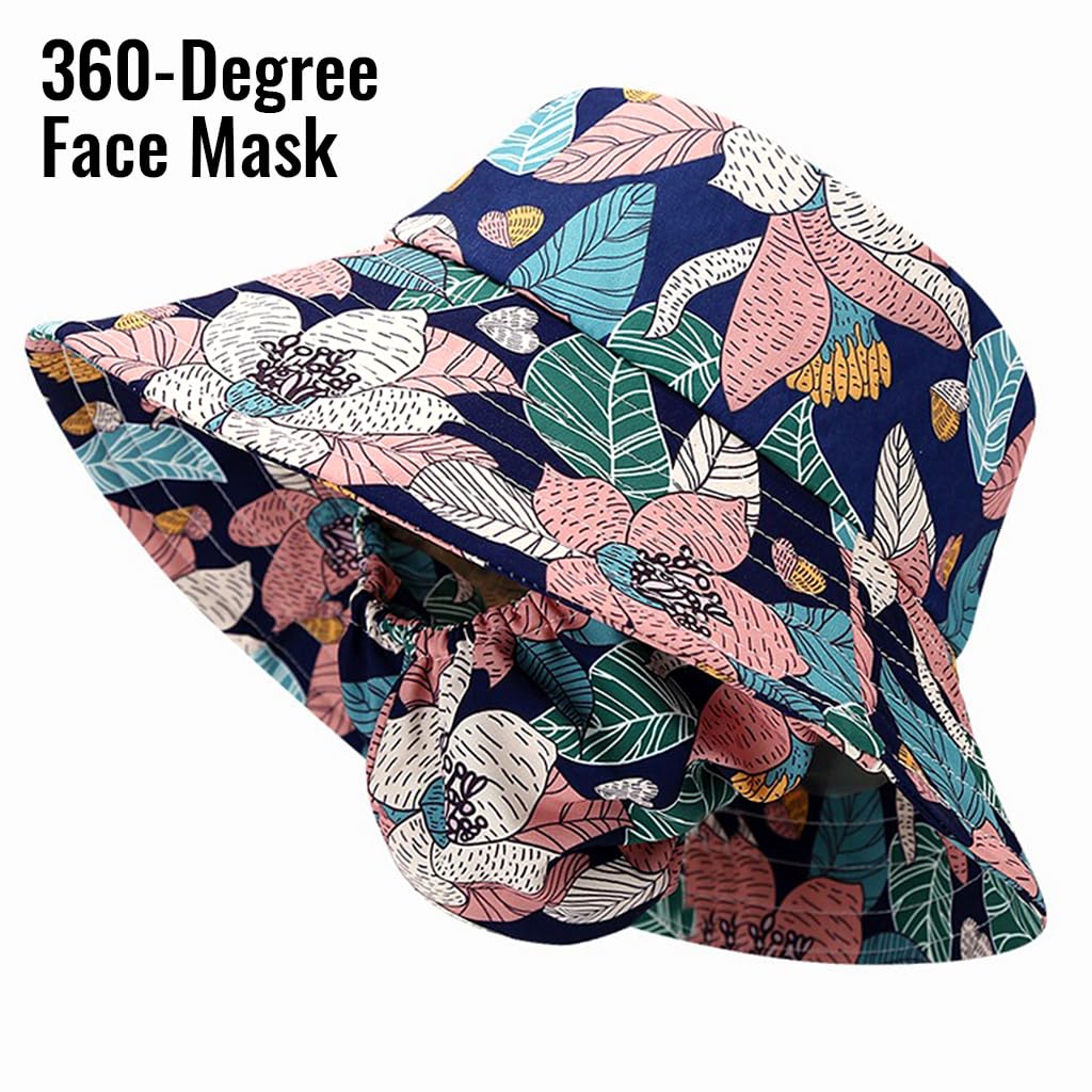 PALAY Bucket Hat for Women with Face Mask, One Piece Bucket Hats for Women, Fashion Leaf Prints Summer Sun Hats for Women UV Protection Wide Brim Outdoor Hat for Cycling, Fishing