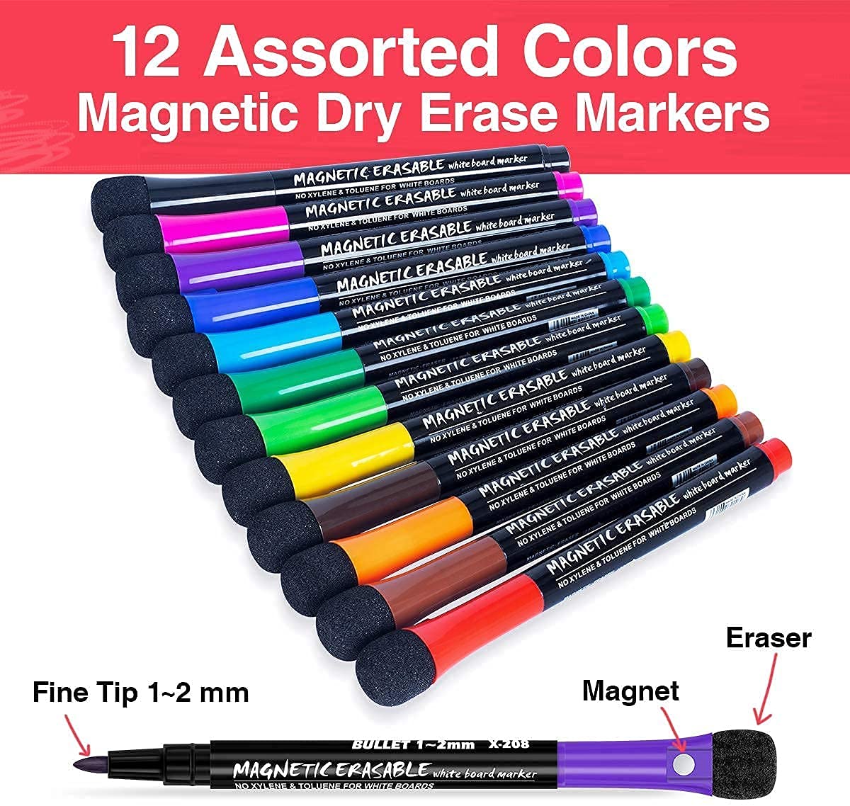 HASTHIP 12PCS Magnetic Dry Erase Markers, White Board Marker with Eraser Cap, Assorted Color Writing & Erasing 2 in 1 Marker Pen for Kids Teachers Office & School Supplies