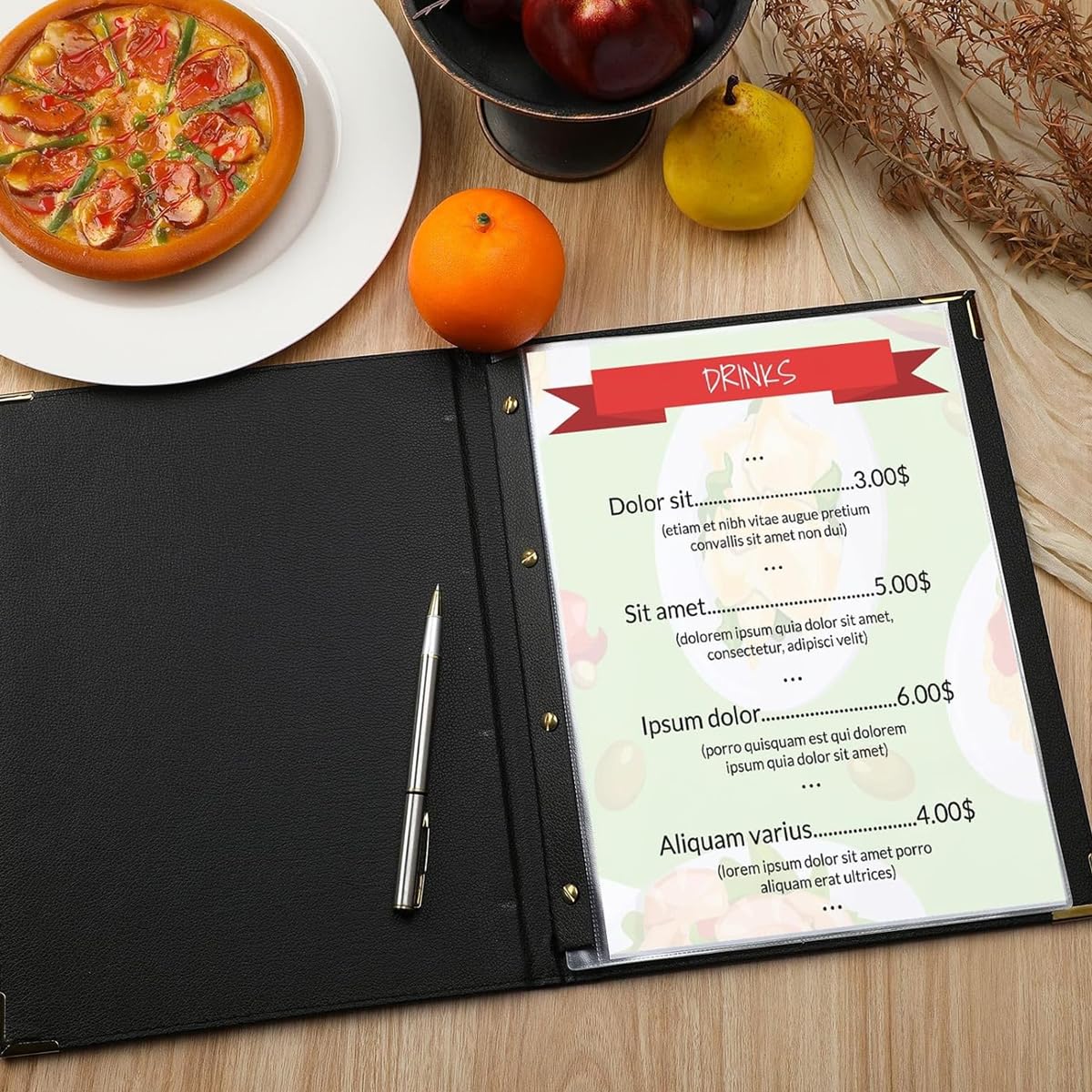 Serplex Menu Cover High Class Leather Hard Cover Menu Cover with Golden Corner Protectors A4 Size 7-Sheet Double Side Transparent PVC Menu Cover Oil-proof Menu Cover, 12.6x9.8 inches