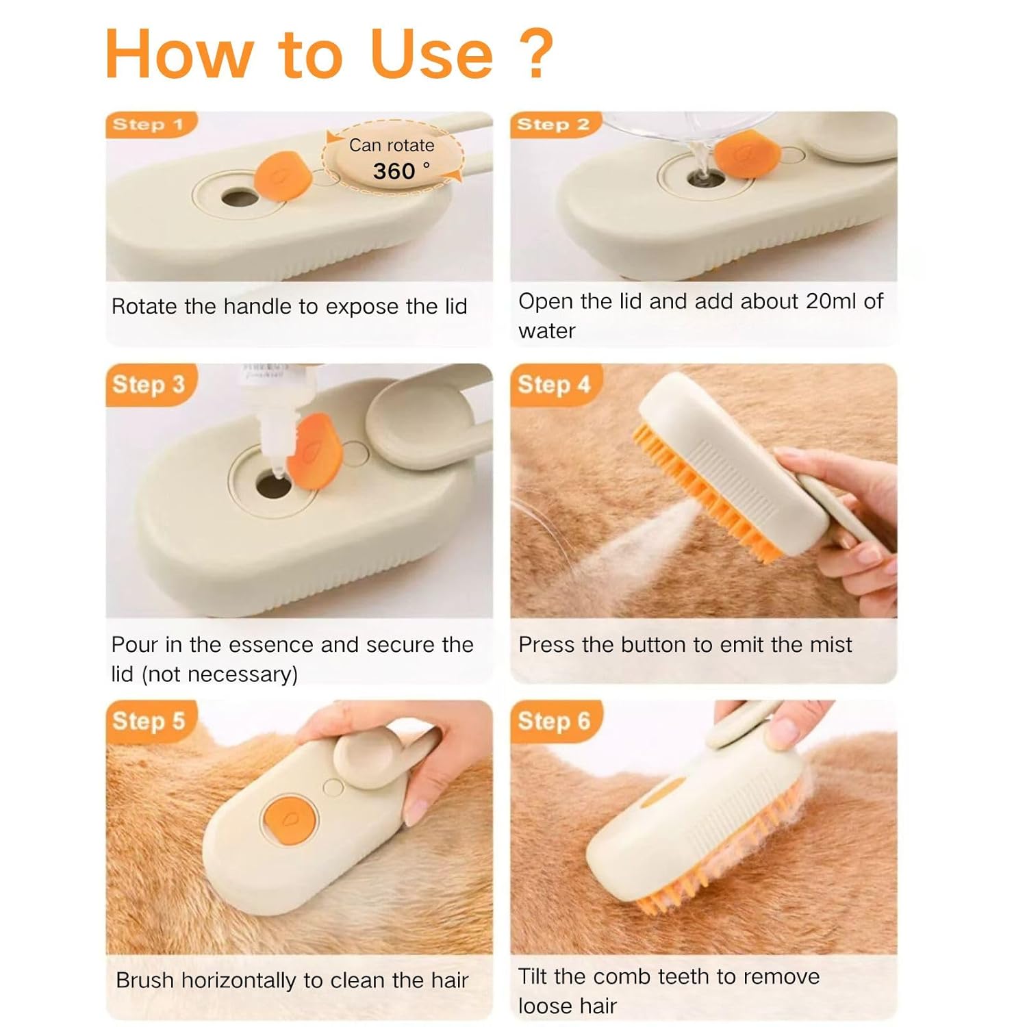 ZIBUYU® Electric Pet Steam Hair Brush Massager Grooming Brush 2 in 1 Bath-free Hair Steam Cleaning Brush with Swivel Handle USB Rechargeable Steam Massage Grooming Brush Pet Hair Brush