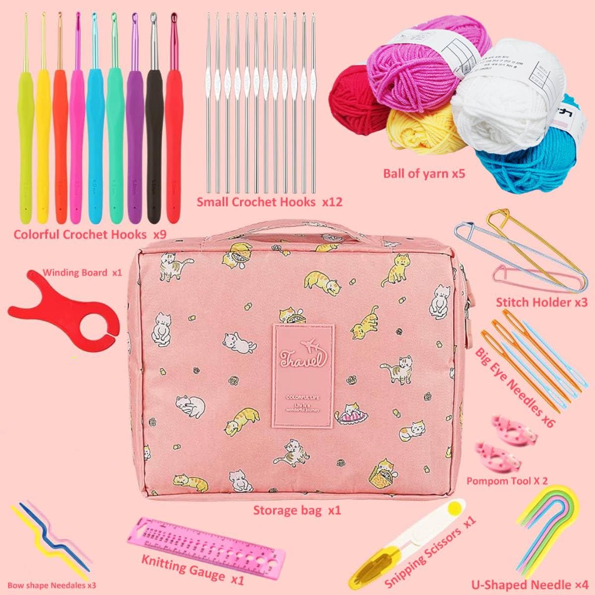HASTHIP Crochet Hook Set Full Size Crochet Hook Set 9 Sizes Crochet Kits &12 Sizes Lace Crochet Kits Yarn Needles Stitch Markers Storage Bag for DIY Craft Crochet Bag Crochet Flowers Crochet Shrug
