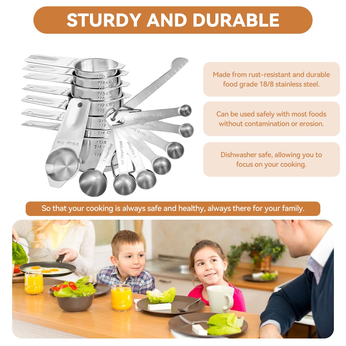 HASTHIP 15-Piece Kitchen Measuring Cups & Spoons Set with 7 Cups, 7 Spoons, 1 Leveling Ruler & 2 Detachable Rings, Kitchen Gadgets for Cooking & Baking (Silver)
