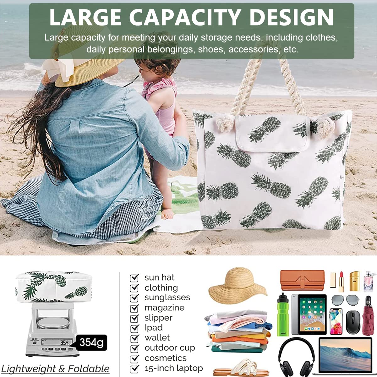PALAY Large Beach Bag Tote Bag Print Women Beach Clothes Accessories Storage Bag Tote Bag Linen Rope Handle Zipper Closure Large Capacity Shoulder Bag for Travel