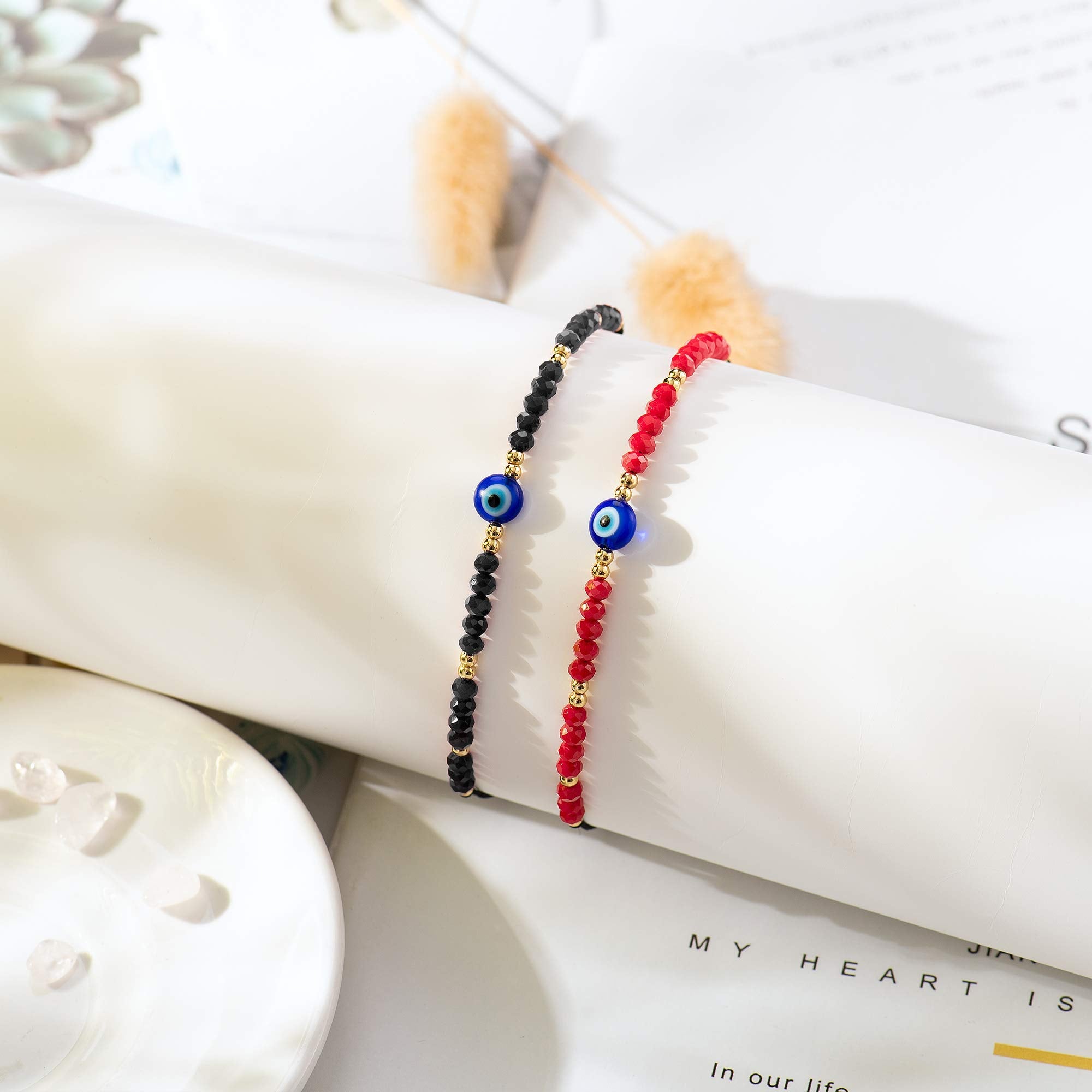 GUSTAVE Black & Red 2pcs Evil Eye Beaded Bracelets with Blue Sapphire Adjustable String Amulet for Women,Men,Girls & Couple