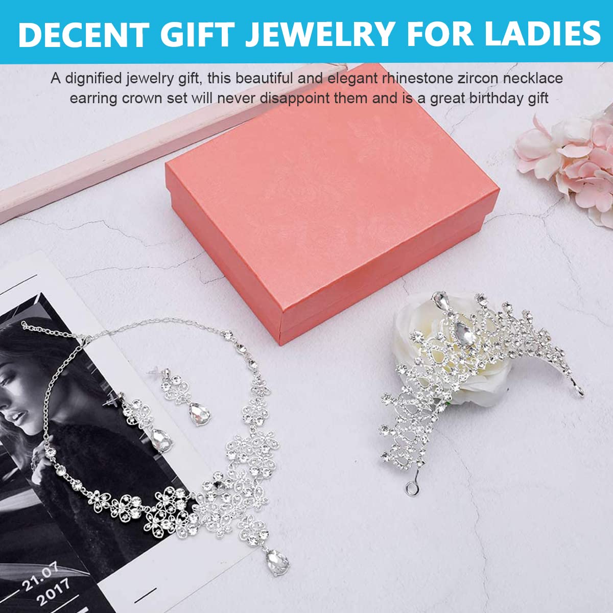 SANNIDHI Set of 3 Bridal Jewelry Set Crystal Necklace Earrings Crystal Crown Hair Accessory Bridal Jewelry Set for Bridal Wedding Prom Birthday Party Gift Jewelry for Women Girls