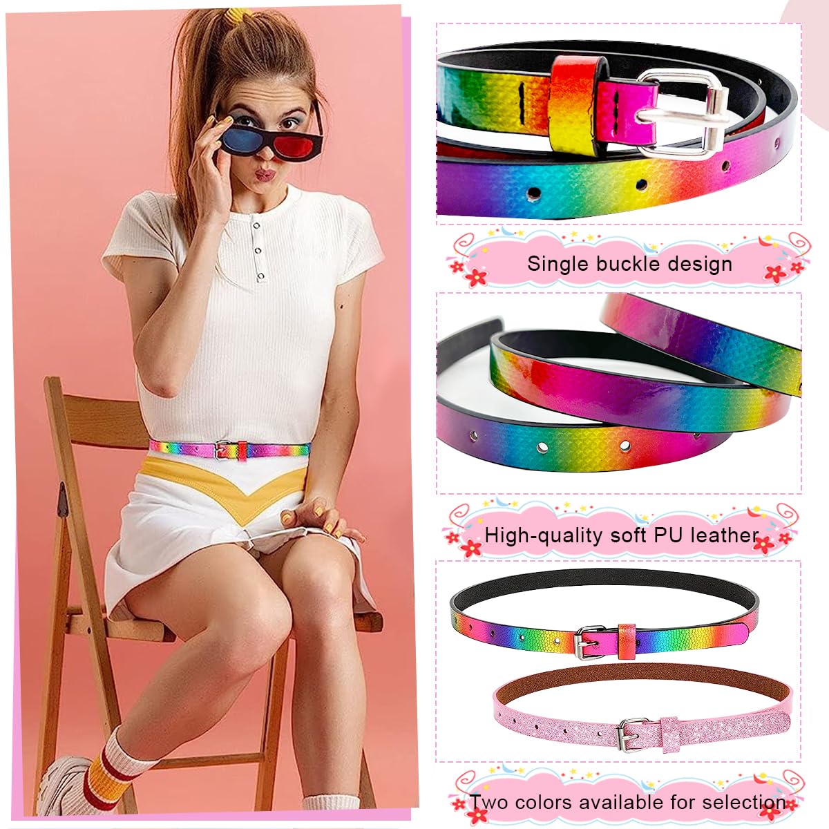 PALAY 2 Pack Belt for Girls, Glittering PU Leather Girls Belt, Rainbow Waist Belt for Jeans Pants Dress, 35.4in Metal Buckle Belt for Kids Girl 6-12 Years Old (Pink & Rainbow)