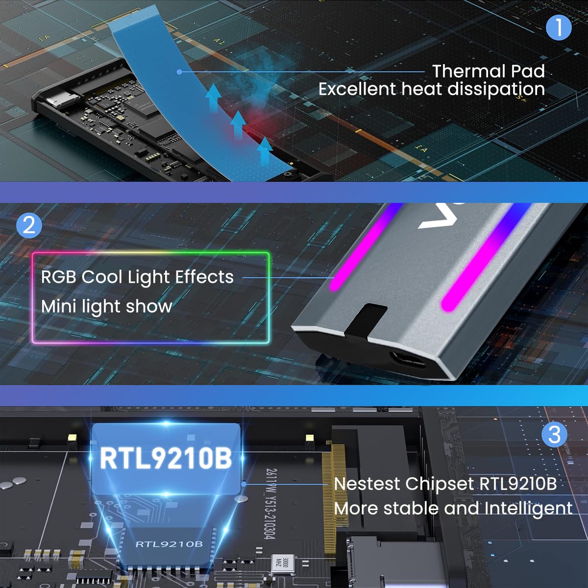 Verilux M.2 NVMe SSD Enclosure with Type C Cable, USB C External NVMe SSD Enclosure, RGB 10Gbps M.2 NVMe to USB Adapter, USB 3.2 M.2 NVMe Reader Supports M and B & M Keys, Fits 2230 2242 2260 2280
