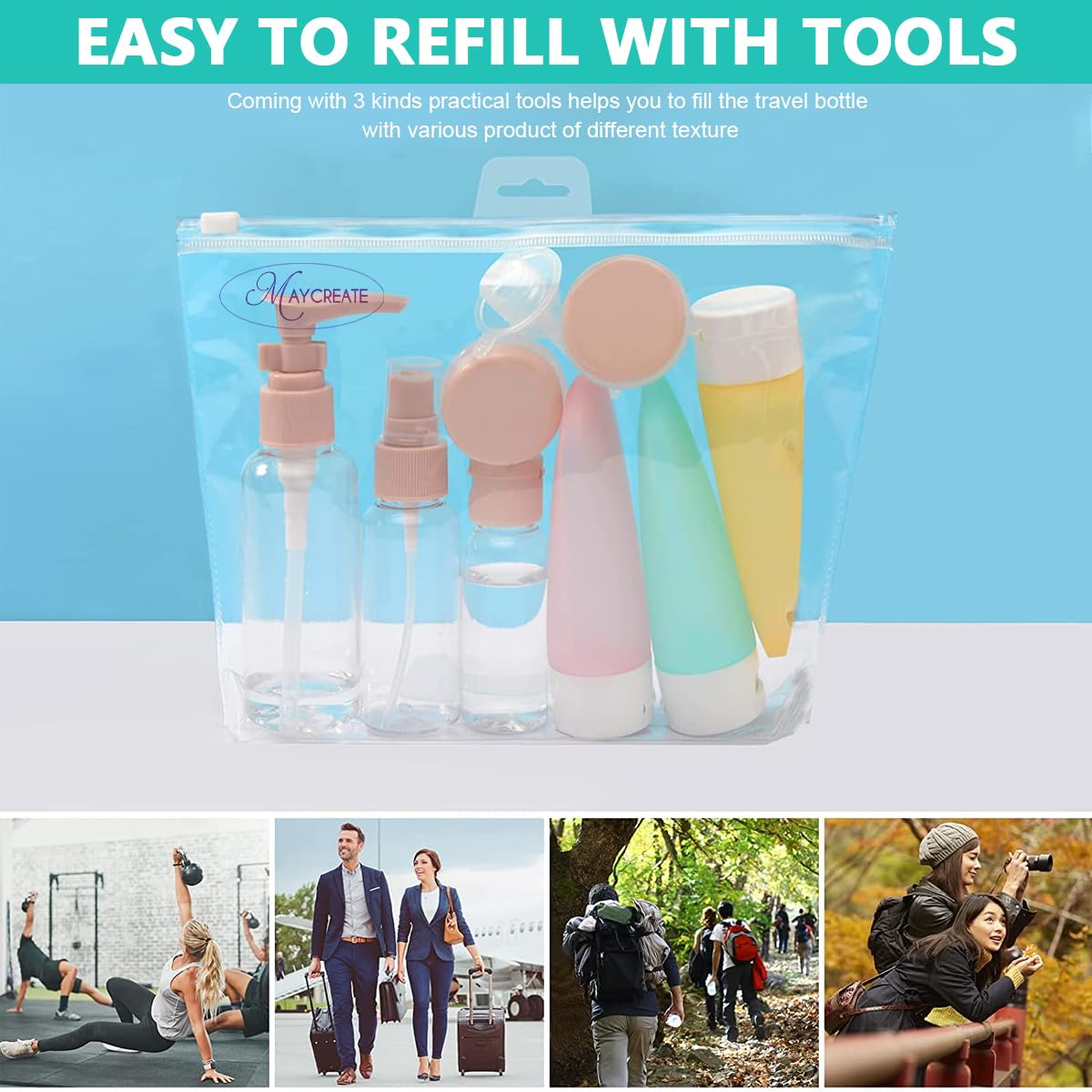 MAYCREATE Travel Bottles for Toiletries, 11pcs Set Leak Proof Squeeze Bottle for Travel, Spray Bottles & Cream Jars Kit, Refillable Containers Dispenser Bottle for Shampoo Lotion Conditioner