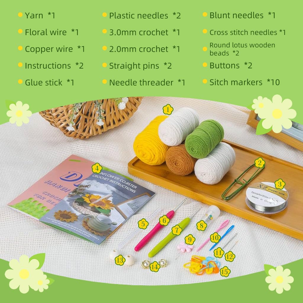 PATPAT DIY Crochet Sunflower Basket Kit Set of 5Pcs DIY Sunflower Coaster Kit 5Pcs Sunflower Coaster Kit Starter Friendly Crochet Kit DIY Crochet