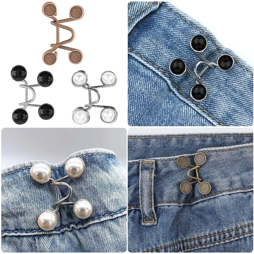 SANNIDHI 6 Pack Detachable Jeans Button Pins, Instant Adjustable Waist Buckle for Loose Jeans, Pearl Crystal Jeans Waist Adjuster Tightener for Pants, Skirt (No Sew Required)