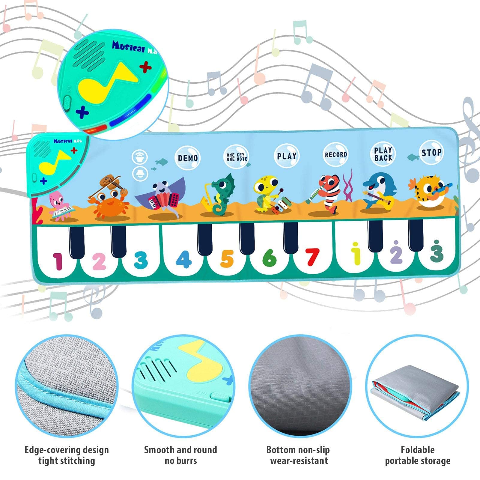 PATPAT Musical Mat for Kids, 8 Sounds Music Piano Keyboard Dance Floor Mat Carpet Animal Blanket Touch Mat Musical Toys Early Education Toys for Baby Girls Boys 1-3 Years Old(43.3x14.2in)