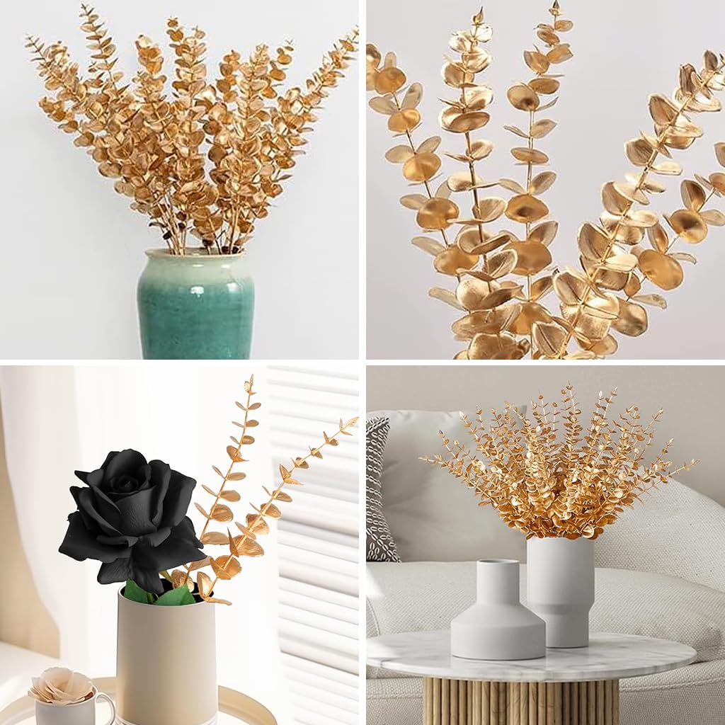 HASTHIP 20Pcs Golden Eucalyptus Leaves Artificial Plants for Home Decor, Fake Leaves Artificial Leaves Branches Artificial Flowers for Wedding, Arrangement, Room Decoration, 16